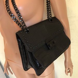 Badgley Mischka Black Faux Leather Metal-Chain Studded Clasp Shoulder Bag Purse